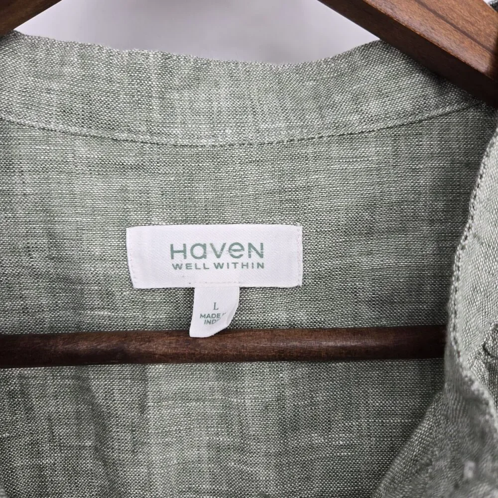 Haven Well Within Green Linen Boxy Blouse Boho Artsy Minimalist Large - Picture 3 of 5